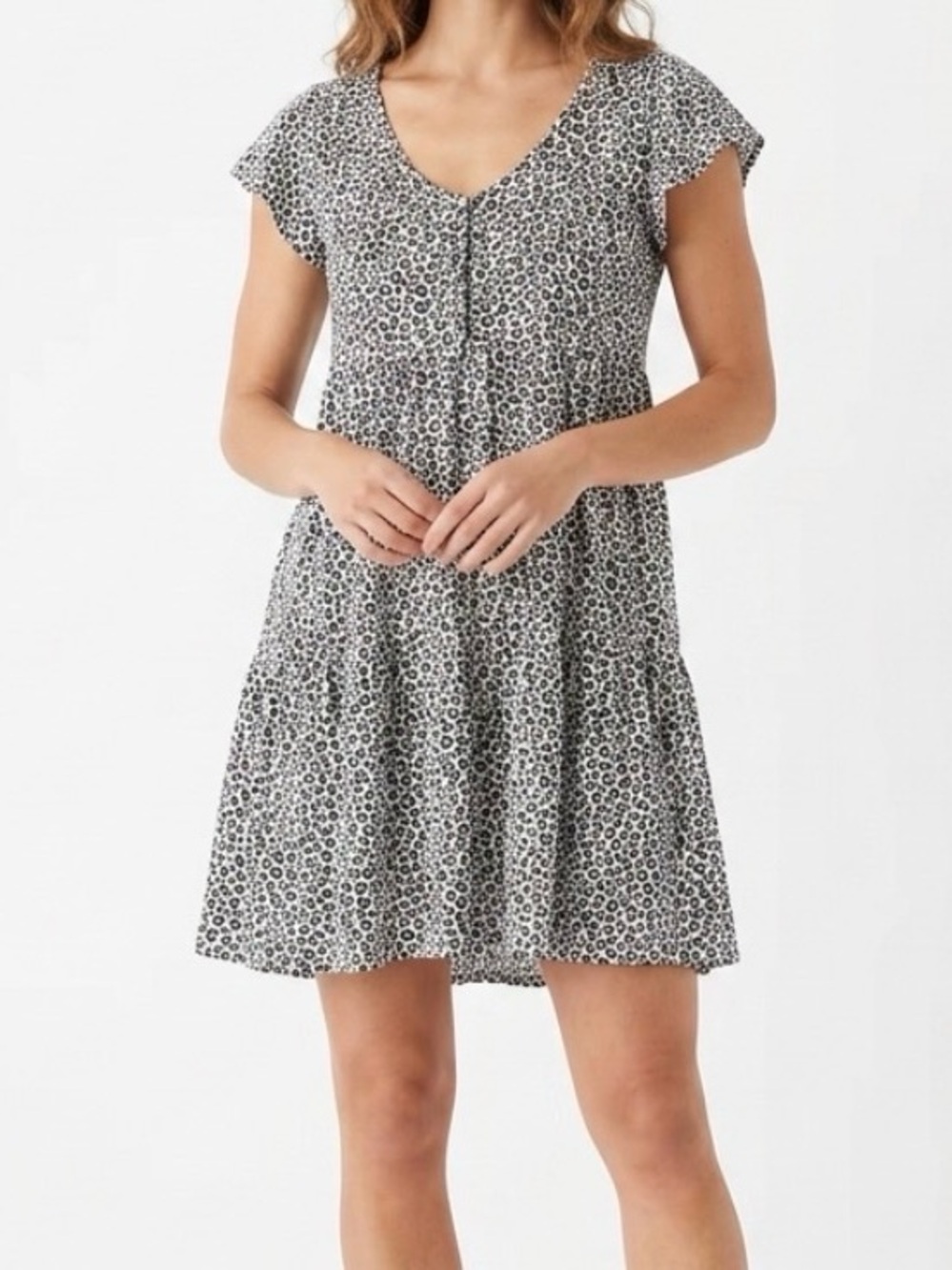 Jessica Simpson Leopard Print Tiered Mini Sundress with Flutter Sleeves